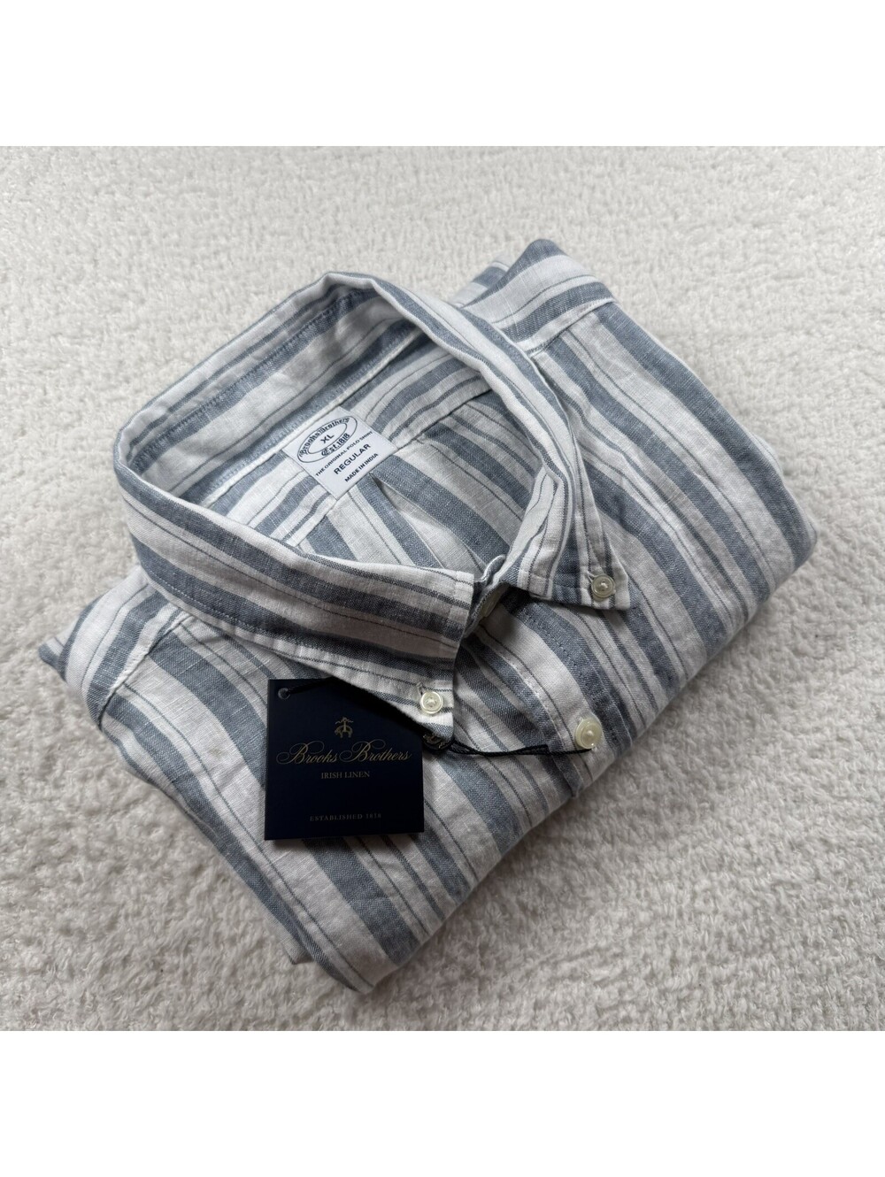 Brooks Brothers Men’s XL Linen Short Sleeve Button-Down Striped Blue White NWT